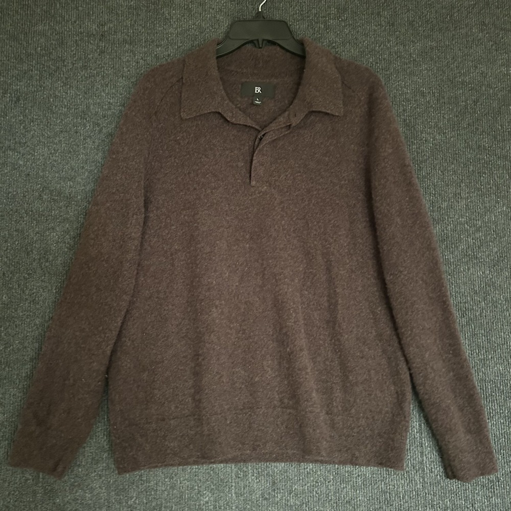 Banana Republic Men's L 100% Cashmere Polo LS Sweater Dark Brown Preppy Casual